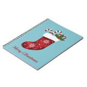 Carnet Chaussette de Noël rouge sur fond bleu avec texte  (Côté gauche)