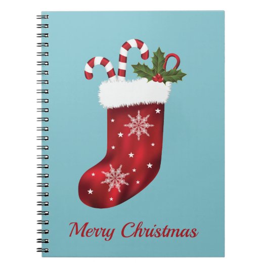 Carnet Chaussette de Noël rouge sur fond bleu avec texte  (Devant)