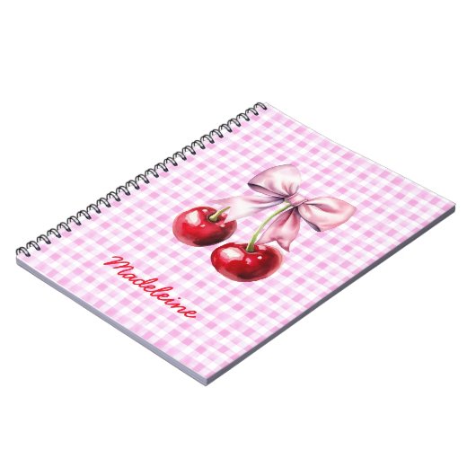 Carnet Cherry with Cute Pink Bow on Gingham Custom Name (Côté gauche)