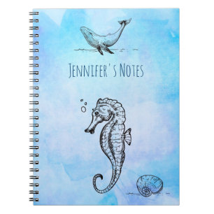 Carnet Cheval de mer, baleine et coquillage sur l'aquarel