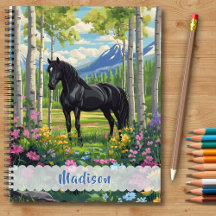 Cheval Noir Filles aux Fleurs Roses Violettes Enfa