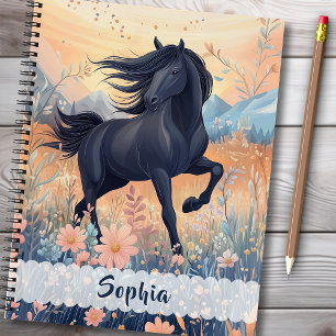 Carnet Cheval Noir Filles Fleurs sauvages Floral Blue Ros