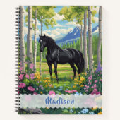 Carnet Cheval Noir Fleurs Filles Rose Violet Enfants (Devant)