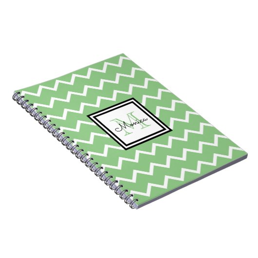 Carnet Chevron Vert Sage Moderne Avec Nom Monogramme (Côté Droit)