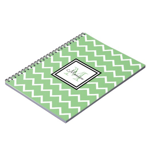 Carnet Chevron Vert Sage Moderne Avec Nom Monogramme (Côté gauche)