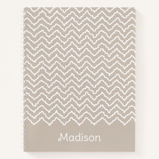 Carnet Chevron Zigzag Ondulé Beige Et Blanc Avec Nom (Devant)
