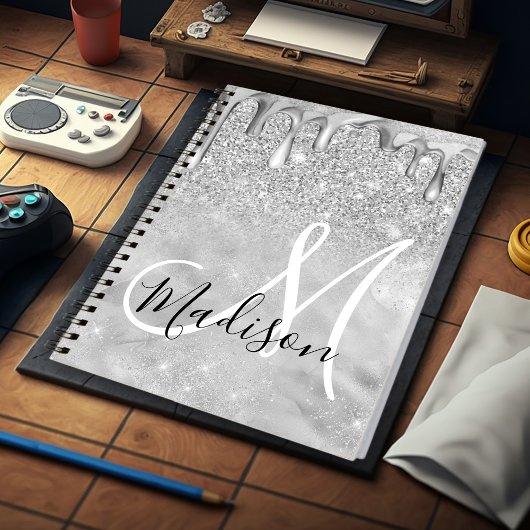 Carnet Chic argent ombre parties scintillant gouttes mono