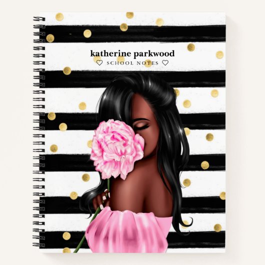 Carnet Chic Black Gold Stripes Brunette Girl Rose Floral (Devant)