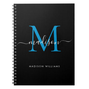 Carnet Chic Black Ocean Blue Monogram Nom du script Initi