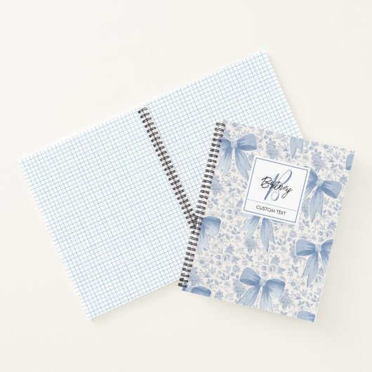 Carnet Chic Blue Floral With Bows Script Name Monogram (Intérieur)