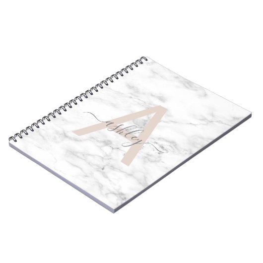 Carnet Chic Blush Pink White Marble Script Nom monogram (Côté gauche)