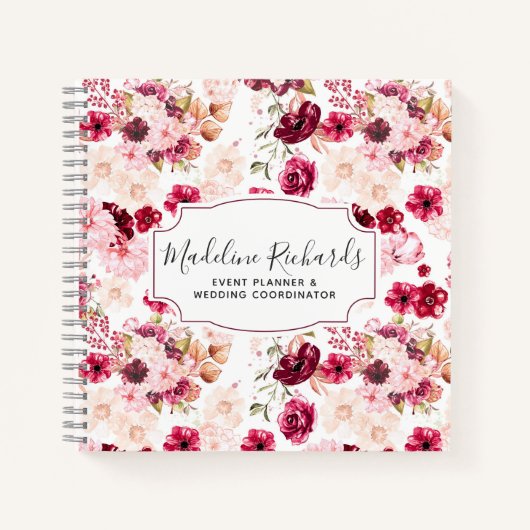 Carnet Chic Bourgogne & Aquarelle rose pâle Floral (Devant)