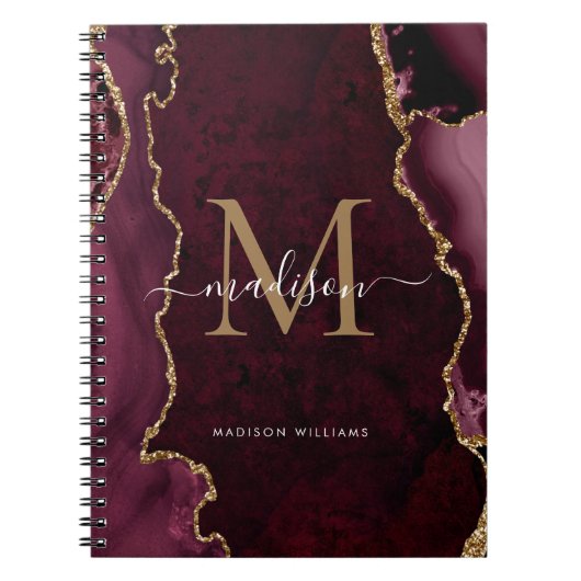 Carnet Chic Bourgogne Rouge Or Agate Géode Monogramme Scr (Devant)