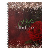 Carnet Chic fleur rouge faux or parties scintillant monog (Devant)