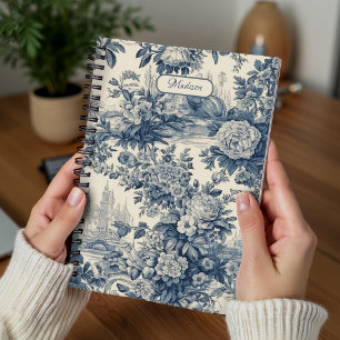 Carnet Chic floral vintage Monogramme bleu toile de Jouy