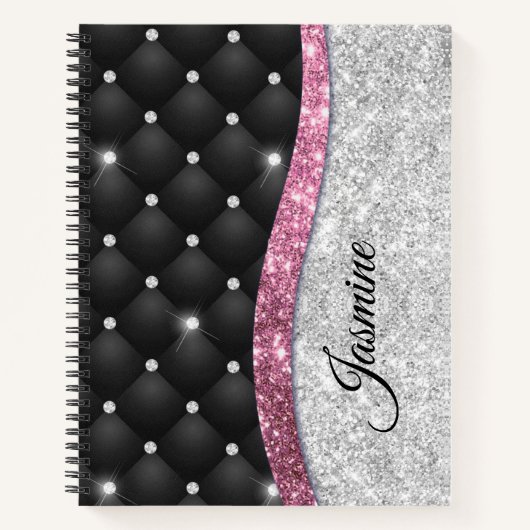 Carnet Chic girly faux parties scintillant argent noir ro (Devant)
