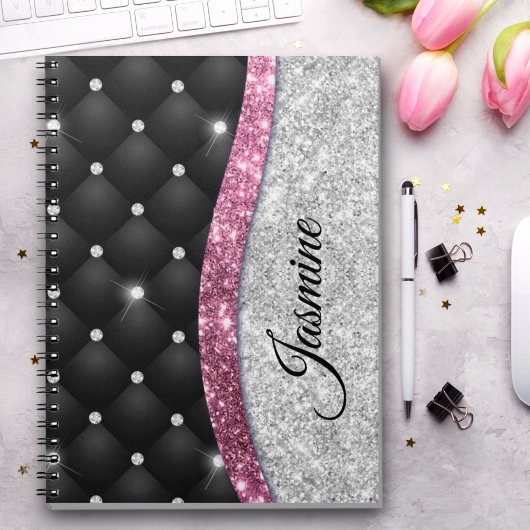 Carnet Chic girly faux parties scintillant argent noir ro