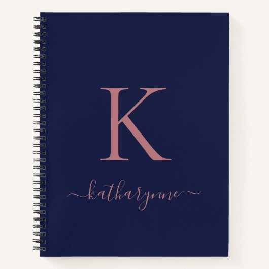 Carnet Chic Navy Blue Rose Gold rose Monogramme Nom (Devant)