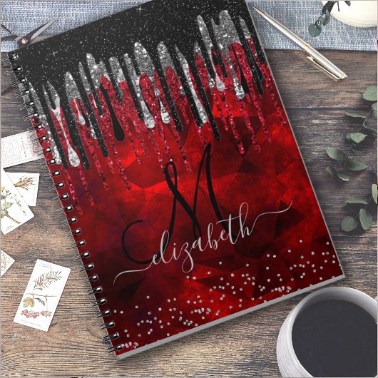 Carnet Chic noir rouge argent parties scintillant gouttes