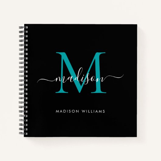 Carnet Chic noir Turquoise Monogramme vert Nom initial du (Devant)