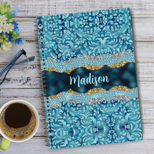 Carnet Chic paillettes floral Monogramme sarcelle turquoi