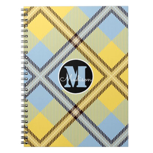 Carnet Chic Plaid Tartan Monogramme Jaune Bleu Nom Script (Devant)