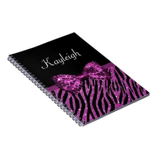 Carnet Chic Purple Zebra Print FAUX Glitz Bow avec nom (Côté Droit)