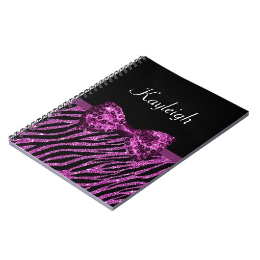Carnet Chic Purple Zebra Print FAUX Glitz Bow avec nom (Côté gauche)