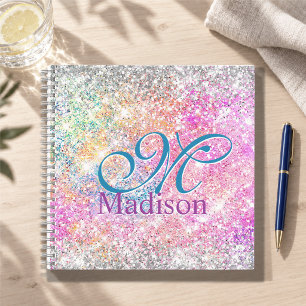 Carnet Chic rose iridescent argent faux paillettes monogr