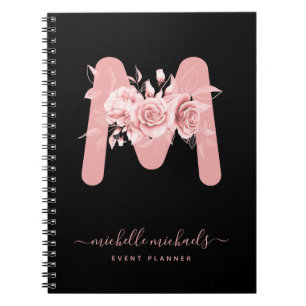Carnet Chic Rose or noir floral aquarelle Monogramme