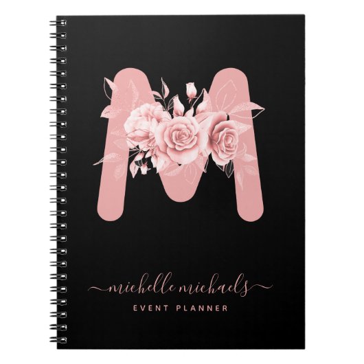 Carnet Chic Rose or noir floral aquarelle Monogramme (Devant)