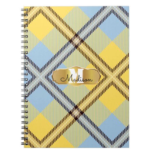 Carnet Chic Tartan Bleu Jaune Monogramme Nom Script (Devant)
