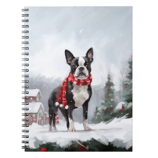 Carnet Chien de Boston Terrier pendant Noël de neige (Devant)