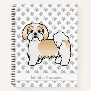 Carnet Chien de dessin animé Lhasa Apso or et blanc & nom