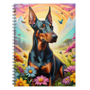 Carnet Chien Doberman, Fleurs Et Scène De Montagne