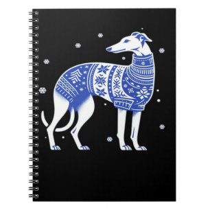 Carnet Chien Gréhound de Noël portant un pull moche bleu