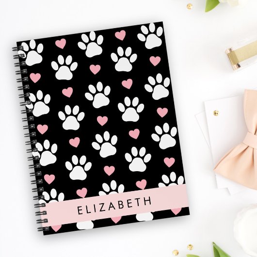 Carnet Chien Paws, White Paws, Rose Hearts, Votre Nom
