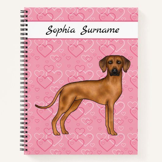 Carnet Chien Rhodesian Ridgeback sur cœurs roses avec tex (Devant)