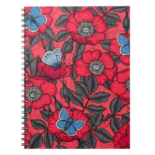 Carnet Chien rose et papillons en rouge et bleu (Devant)