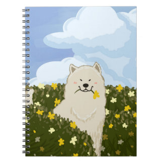 Carnet Chien Samoyède mignon dans un champ de fleurs jaun