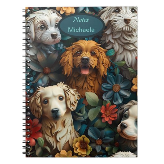 Carnet Chiens mignons et fleurs colorées design (Devant)