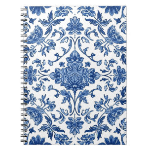 Carnet Chinoiserie florale bleue sur fond blanc aquarelle