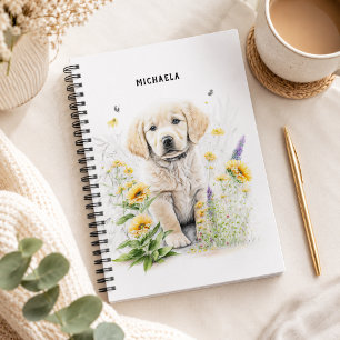Carnet Chiot Golden Retriever Monogramme Floral Nom