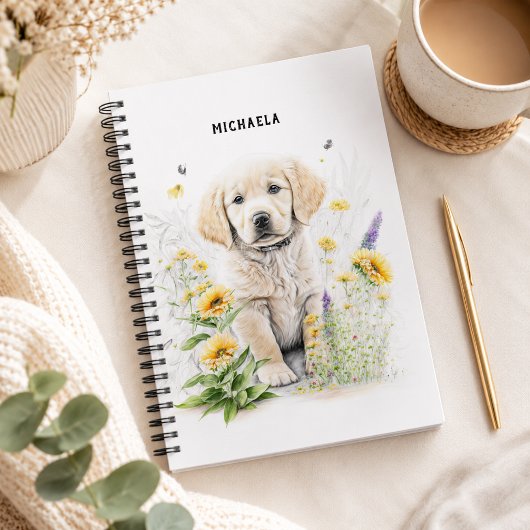 Carnet Chiot Golden Retriever Monogramme Floral Nom