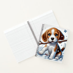 Carnet Chiot jouant dans la neige avec un bâton en hiver