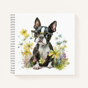 Carnet Chiots Boston Terrier avec des lunettes dans des f