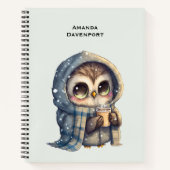 Carnet Chouette à gros yeux mignonne tenant un café (Devant)