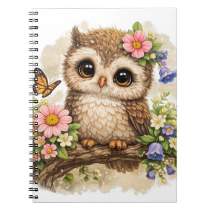 Carnet Chouette mignonne avec fleurs Kawaii Cottagecore b