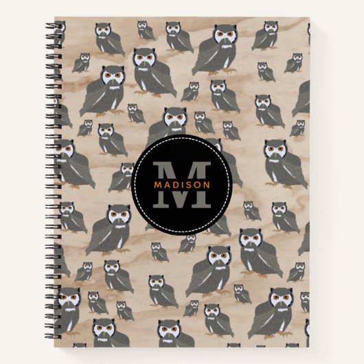 Carnet Chouette Motif & Monogramme rustique en bois (Devant)