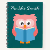 Carnet Chouette rose mignonne lisant (Devant)